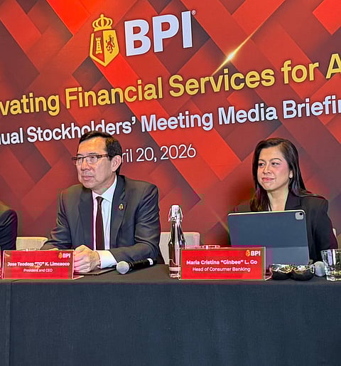 BANK of the Philippine Islands (BPI) officials speak at a Monday, 20 April press conference at New World Hotel Makati following the bank’s Annual Stockholders’ Meeting. FROM L-R: BPI President and CEO Jose Teodoro “TG” K. Limcaoco, and Head of Consumer Banking Maria Cristina L. Go 
