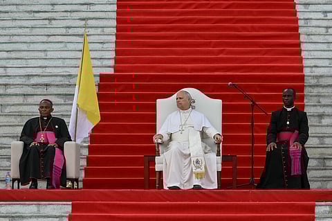 Pope Leo XIV meets with the World of Culture at the Leon XIV Campus of the National University in Malabo on the ninth day of an 11-day apostolic journey to Africa, on 21 April 2026.