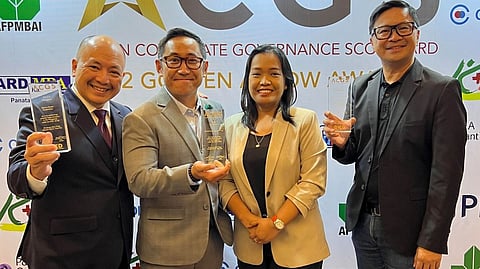 THE Aboitiz Group in 2023 received recognition from the ASEAN Corporate Governance Scorecard’s Golden Arrow Awards for adhering to corporate governance standards and practices of the country. Photo shows (from left) Suiee Suarez of AboitizPower’s Corporate Affairs Office received the 4-arrow plaque of recognition for Aboitiz Power Corporation, Atty. Sammy Santos and Atty. Mailene de la Torre of Aboitiz Equity Ventures’ Office of the Legal and Compliance Officer received the 3-arrow plaque of recognition for Aboitiz Equity Ventures, Inc. and James Ileto of UnionBank’s Reputation Management Office got the 2-arrow plaque of recognition for the Union Bank of the Philippines.
