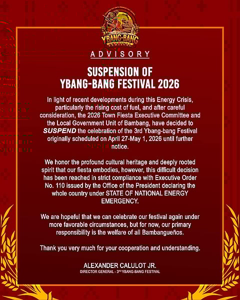 Bambang suspends Ybang-bang Festival amid crisis