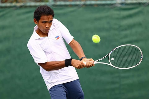 ARTHUR Pantino displays his fine form to post a 6-0, 6-2 win over France Vhielle Dilao in the Round of 32 of the Philta Men’s National Open at the Rizal Memorial Tennis Center on Wednesday.   