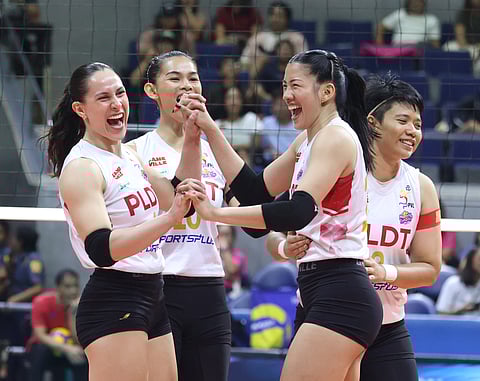 SAVI Davison and PLDT are happy to win third place after beating Farm Fresh, 25-14, 21-25, 25-21, 21-25, 15-5, in Game 2 of the battle for bronze in the PVL All-Filipino Conference on Thursday at the Smart Araneta Coliseum. 