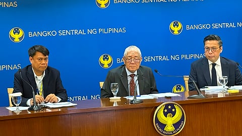 BANGKO Sentral ng Pilipinas Governor Eli M. Remolona, Jr. (middle), with BSP Deputy Governor Zeno Abenoja (left) and BSP OIC Dennis Lapid tells reporters on Thursday, 23 April 2026 that the Monetary Board has decided to hike interest rates amid pressures from the unresolved MidEast conflict.