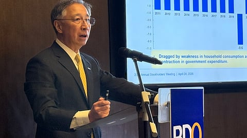 BDO president and CEO Nestor V. Tan speaks at a Friday, 24 April press conference prior to the bank's annual stockholders' meeting at Conrad Manila.