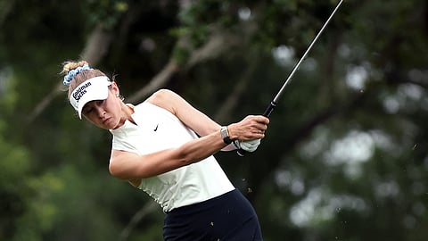 NELLY Korda of the United States hits her shot on the fourth hole during the opening round of the The Chevron Championship 2026 at Memorial Park Golf Course on 23 April in Houston.