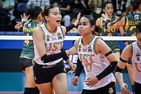 MARGA Altea (left), Angge Poyos and UST score a 16-25, 25-20, 25-18, 25-16 win over FEU to make the stepladder semifinals of the Season 88 UAAP women’s volleyball tournament on Saturday at the Smart Arameta Coliseum. 
