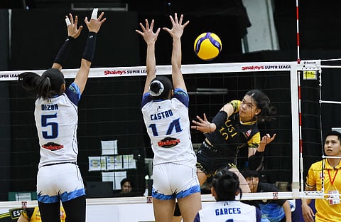 NICOLE Pelaez provides the ammo that UST needed in disposing of Adamson University, 27-25, 25-20, in the Shakey’s Girls Volleyball Invitational League Rising Stars Cup Division 1 Saturday at the La Salle Green Hills Gym. 
