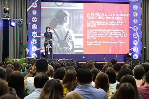 DOJ Undersecretary Margarita Gutierrez addresses educators during the Regional Assembly of Education Leaders in Quezon City, emphasizing the role of schools in shaping access to justice.