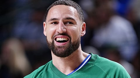 DALLAS, TX - APRIL 3: Klay Thompson #31 of the Dallas Mavericks smiles before the game against the Orlando Magic on April 3, 2026 at American Airlines Center in Dallas, Texas.