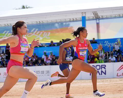 Kristina Knott helps the Philippines finish first runner-up in the 4x60 meter relay in the sixth Asian Beach Games in Sanya, China.