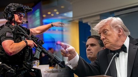 STORMTROOPERS, like this one in full battle gear, materialize to help neutralize a lone shooter at the so-called ‘Nerd Gala’ attended by US President Donald Trump, shown (inset) fielding questions from reporters after the incident.