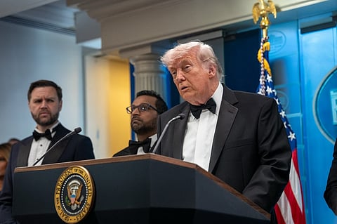 U.S. President Donald Trump speaks during a press conference in the Brady Briefing Room of the White House on April 25, 2026 in Washington, DC. President Trump is making a statement after the cancelation of the annual White House Correspondents Association Dinner after a possible shooting. 