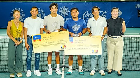 ALBERTO 'AJ' Lim Jr. (third from right) strike a pose with Eric Jed Olivarez (fourth from right), together with Philta board member Dyan Castillejo, president Eric Olivarez, secretary general John Rey Tiangco and executive director Tonette Mendoza after winning the Philta Men’s Open at the Rizal Memorial Tennis Center.