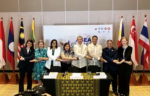 TOGETHER FOR CLIMATE ACTION: Delegates and partners for the ASEAN Climate Week 2026 gathered to inaugurate the regional climate movement event at Seda Hotel, Bonifacio Global City, Taguig City, 27 April. Present in the ASEAN Climate Week inauguration were (from left to right) UNDP Philippines Climate Action Programme Team Leader EnP. Floradema C. Eleazar, European Union to the Philippines Programme Manager Alix Wurdak, Asian Development Bank Principal Infrastructure Specialist Naeeda Crishna Morgado, DENR Undersecretary for Finance, Information Systems, and Climate Change Atty. Analiza Rebuelta-Teh, DENR Secretary Atty. Juan Miguel Cuna, DENR Undersecretary for Policy, Planning, and International Affairs Atty. Jonas R. Leones, ASEAN Centre for Biodiversity Dr. Jerome L. Montemayor, and GIZ Philippines Head of Climate Action and Disaster Resilience Cluster Dr. Nicole Kranz. (Photo by: Sean Magbanua)