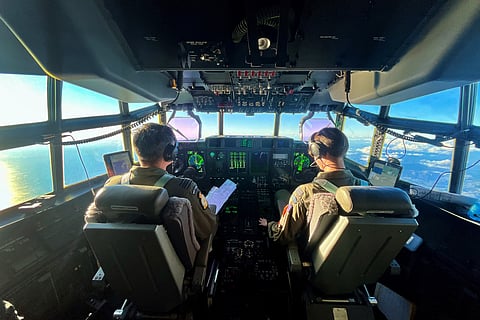 A Royal New Zealand Air Force C-130J Hercules is seen on the flight deck as it departs New Zealand for Fiji on 13 August 2025.