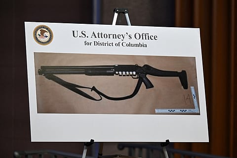A firearm was displayed during a news conference at the Department of Justice headquarters on 27 April 2026, as authorities detailed charges against the man accused of the shooting at a media gala attended by President Donald Trump. 


