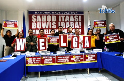(April 28 2026) Bukluran ng Manggagawang Pilipino BMP, Kilusang Mayo Uno KMU, Nagkaisa Labor Coalition NAGKAISA, and Trade Union Congress of the Philippines TUCP,  holds a press conference on Tuesday April 28 2026 to announce their protest to held on Labor Day May 1 2026 at Mediola in Manila, to call the government on the wage hike and to lower the Evat and excise tax. Photo/Analy Labor