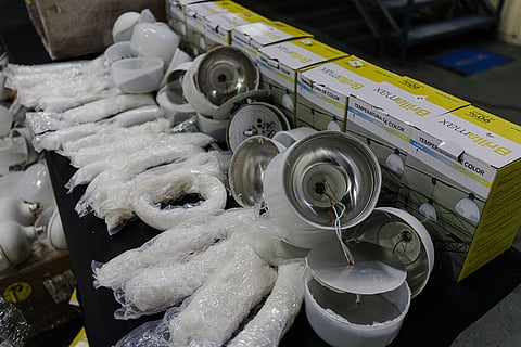 Customs officers pried open LED spotlights containing shabu at a warehouse in Parañaque City on Tuesday, April 28, 2026.

The seized illegal drugs, which reportedly originated from Mexico, have an estimated value of nearly P250 million and were intended for shipment to Valenzuela.