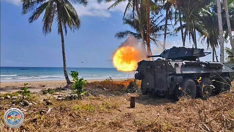 CAPTIONS: CLLFX_Photo 5: A light armored vehicle (LAV) deployed by the Philippine Marine Corps’ 3rd Marine Brigade engages simulated maritime threats during the Counter-Landing Live Fire Exercise - West in Apurawan Beach, Aborlan, Palawan on April 27, 2026. (Photo by 3rd Marine Brigade, Philippine Marine Corps)