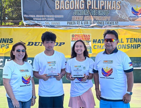 KATHLYN Bugna (third from left) shines anew, capturing three more titles, including two in singles, at the Bagong Pilipinas Junior tennis tournament and cementing her status as one of the country’s brightest young stars. Joining her are Tricel Martin, co-MVP Anthony Castigador, and coach Ronald Martin.