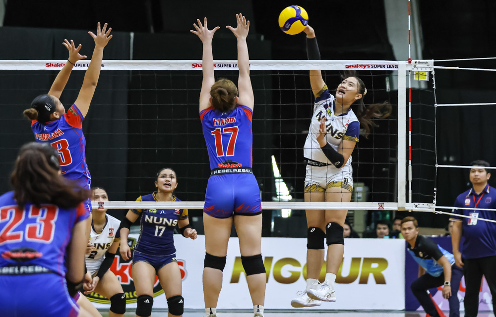 XYZ Rayco delivers the crucial hit that lifted the NUNS Lady Bullpups to a 20-25, 32-30, 15-12 win over St. John’s Institute in the SGVIL Rising Stars Cup Division 1 on Wednesday.
