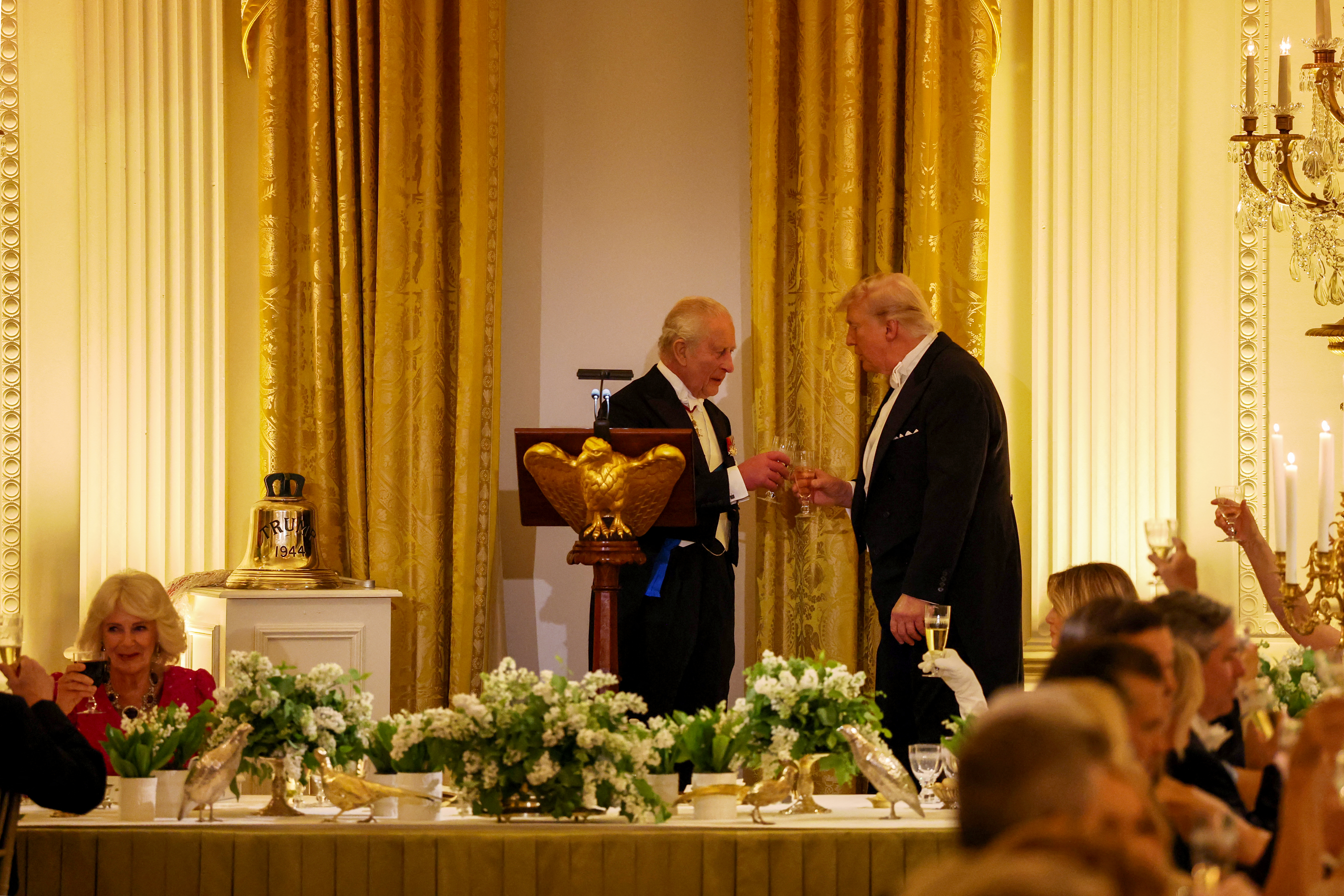 KING Charles III and United States President Donald Trump give a toast in the East Room during an official state dinner hosted by the President and First Lady at The White House on 28 April 2026 in Washington, DC. 