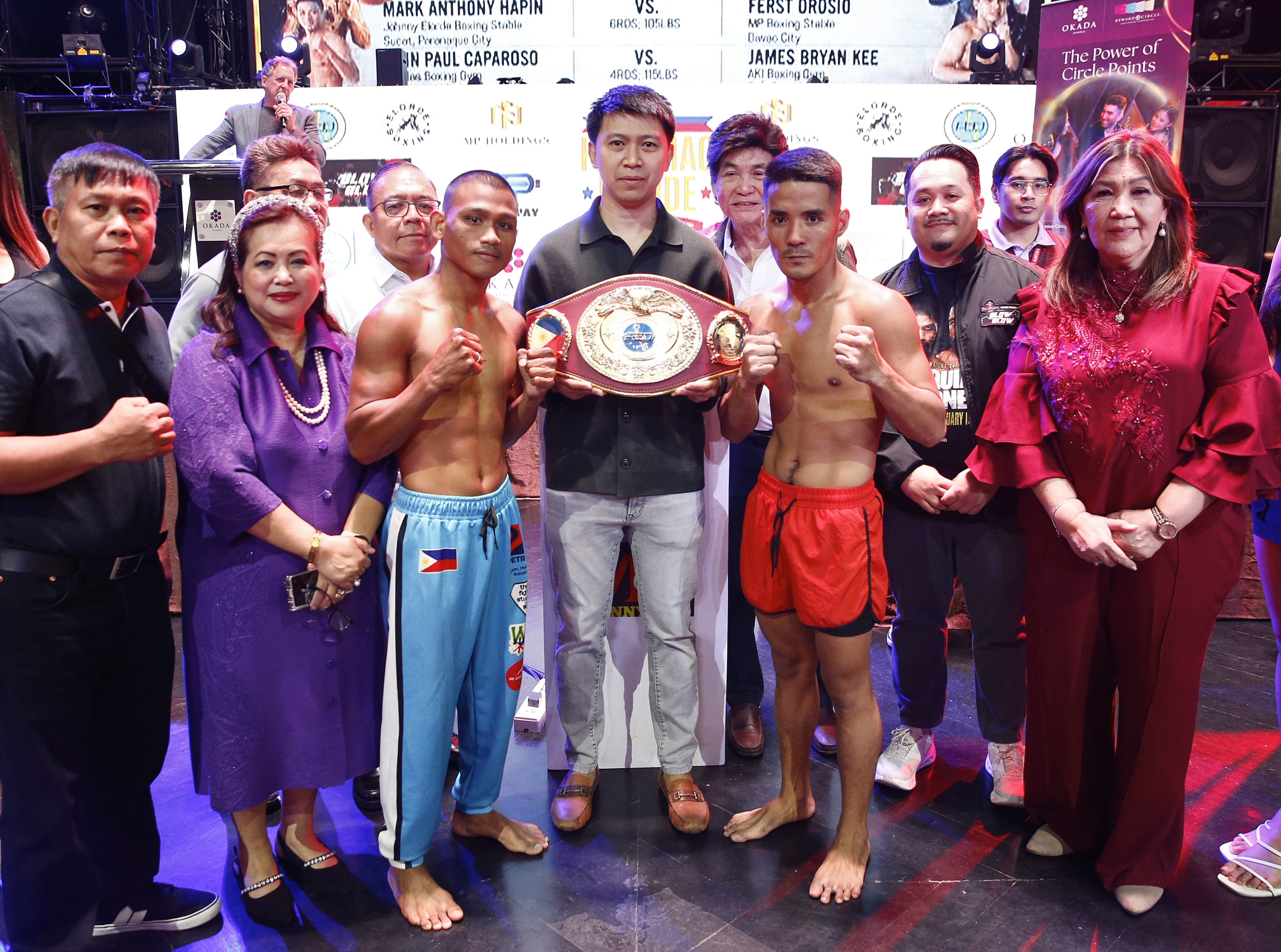GIEMEL Magramo (right) and Marco John Rementizo show their readiness to face for the vacant PBO super-flyweight title during Manny Pacquiao Presents Blow-By-Blow at Okada Manila.