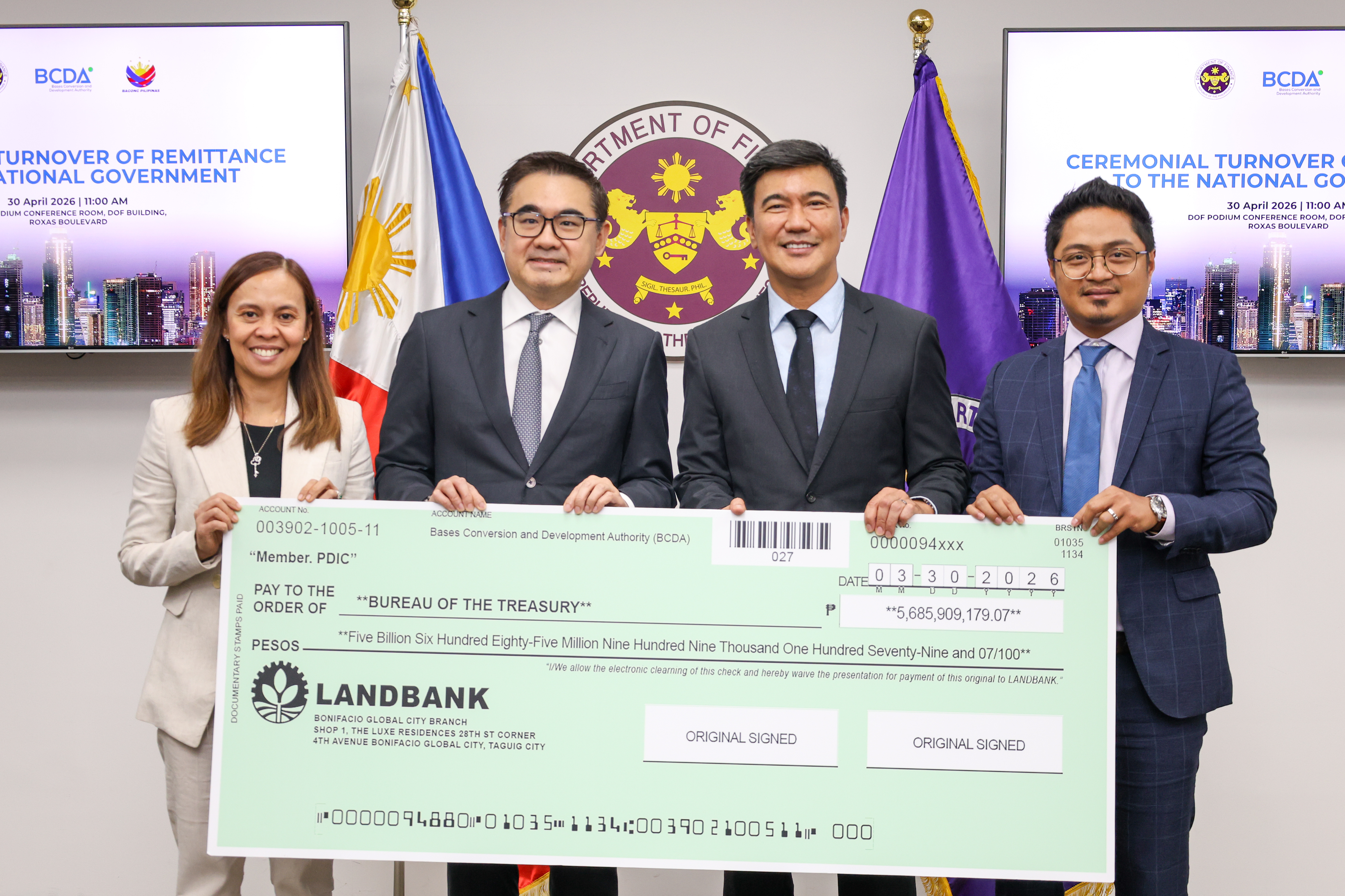 The Bases Conversion and Development Authority (BCDA) formally turns over Php5.7 billion to the Bureau of the Treasury (BTr) today, April 28, 2026. The event was led by Finance Secretary Frederick D. Go and BCDA President and CEO Joshua M. Bingcang. Also present were National Treasurer Sharon P. Almanza and BCDA Senior Vice President for Conversion Development Group Engr. Mark P. Torres. 