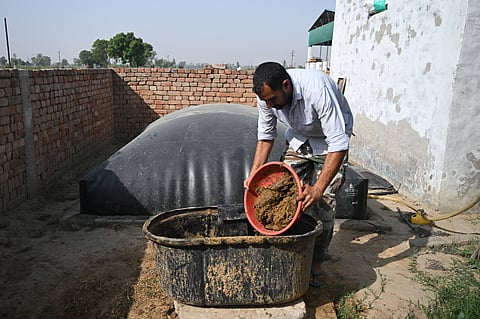 A RESIDENT pours cow dung into his biogas plant at a village in Uttar Pradesh’s Bulandshahr district. 
