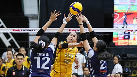 NICOLE Pelaez fires 24 points to power UST to a 16-25, 26-24, 19-25, 28-26, 15-10 win over Bacolod Tay Tung to win the SGVIL Rising Stars Cup Division 1 on Friday at the La Salle Green Hills Gym.