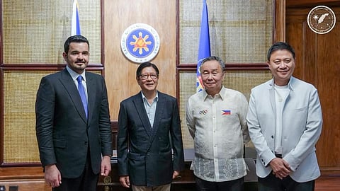 President Ferdinand ‘Bongbong’ Marcos Jr. (second from left) meets with Olympic Council of Asia president Sheikh Joaan bin Hamad Al-Thani (left), POC president Abraham ‘Bambol’ Tolentino (second from right) and PSC chairperson Patrick ‘Pato’ Gregorio in relation to the Philippines’ sporting programs. 
