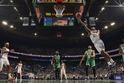 Tyrese Maxey #0 of the Philadelphia 76ers drives to the basket during the game against the Boston Celtics during Round One Game Seven of the 2026 NBA Playoffs on May 2, 2026 at TD Garden in Boston, Massachusetts.