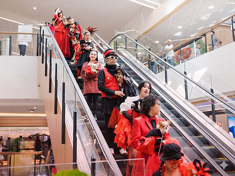 PARTICIPANTS dressed in coordinated red-and-black ensembles descend an escalator with their pets during the 'Paws on the Runway' fashion showcase at SM J Mall, highlighting creative pet styling as part of the mall’s sale event.