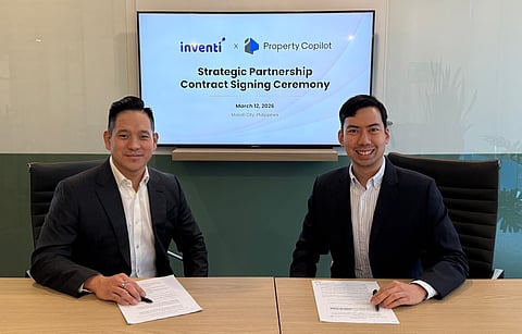 Francis Henares, President & CEO of Inventi (left) and Wilberto Tong, CEO of Property Copilot (right) at the Strategic Partnership Contract Signing Ceremony. 12 March 2026, Makati City, Philippines.