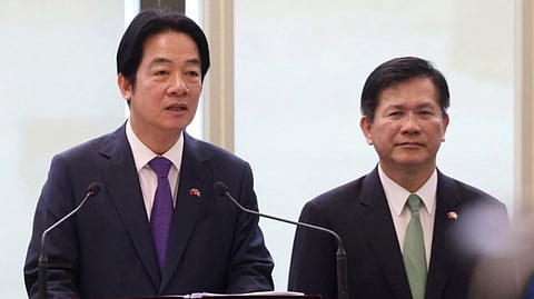 Taiwan President Lai Ching-te (left) delivers a short speech at Taiwan Taoyuan International Airport following his visit to Eswatini.
