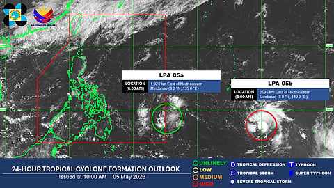 24-hour Tropical Cyclone Formation Outlook of LPA 05a and 05b from DOST-PAGASA issued at 10:00 A.M., 05 May 2026. 