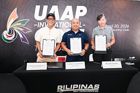 UAAP Season 88 president Rev. Fr. Rodel Cansancio, O.P., of UST (center) and Pilipinas Golf Tournaments, Inc. general manager Colo Ventosa (right). UAAP Season 88 Executive Director Rebo Saguisag (Left). 