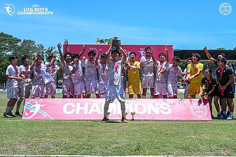 MEMBERS of the NCRFA celebrate after crushing IGRFA, 4-0, to win the 2026 PFF U16 National Boys’ Championship title at the Manuel Y. Torres Sports Center in Bago City.