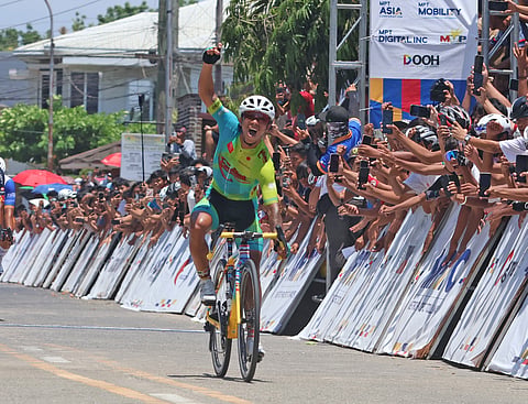 RYAN Tugawin of Excellent Noodles screams as he crosses the finish line to claim his victory in Stage 8 of the MPTC Tour of Luzon 2026 in Paoay, Ilocos Norte.  