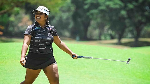 PRECIOUS Zaragosa heaves a sigh of relief after rallying from a five-stroke deficit to win the girls’ 15-18 division crown in the ICTSI Junior PGT Pueblo de Oro Championship on Thursday.   