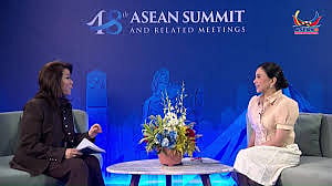 DTI Secretary Christina Roque (right) sits for an interview with broadcast journalist Cathy Yang at the International Media Center, Mactan World Museum, Lapu-Lapu City, Cebu.  