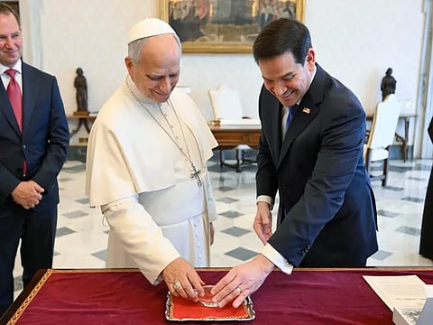 Pope Leo XIV during a private audience with U.S. Secretary of State Marco Rubio in The Vatican 