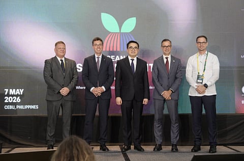 L-R: EU-ABC Executive Director Chris Humphrey, EU Ambassador to the Philippines Massimo Santoro, Philippine Secretary of Finance Frederick Go, Mr Paulo Duarte, ECCP President, and ECCP Executive Director Florian Gottein, at the ASEAN-EU Sustainability Summit 2026.