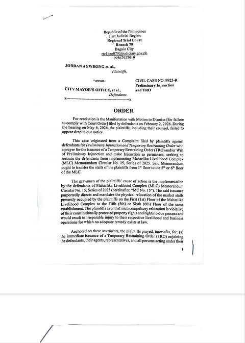 A Baguio City court has dismissed the civil case filed by Maharlika Livelihood Complex stall holders against the mayor’s office over the relocation of market stalls, ruling the injunction request moot after the move was completed and citing the plaintiffs’ failure to amend their complaint or appear in hearings.