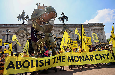 PEOPLE from anti-monarchy group Republic rally outside Buckingham Palace calling for the monarchy to be abolished, in London, Britain, 9 May 2026.