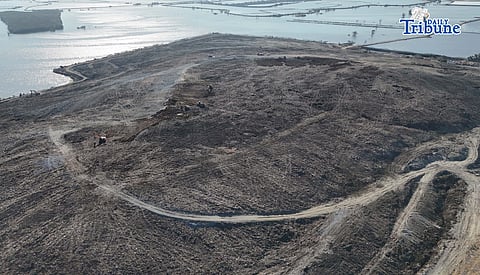An aerial shot shows the Navotas Sanitary Landfill on Monday, 11 May 2026, after a fire was declared out.