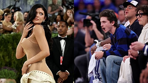 Left: Met Gala 2026; Right: Right photo Chalamet at the Knicks game happening at the same time as the met Gala
