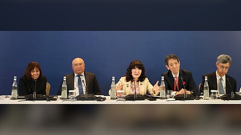 MONETARY Board member Rosalia de Leon (left) co-chairs the 29th ASEAN+3 Finance Ministers’ and Central Bank Governors’ Meeting on 3 May 2026 in Samarkand, Uzbekistan. With her (from left) are Department of Finance Undersecretary Joven Z. Balbosa, Minister of Finance of Japan Satsuki Katayama, Vice Minister of Finance of Japan Atsushi Mimura, and Bank of Japan Deputy Governor Ryozo Himino.
