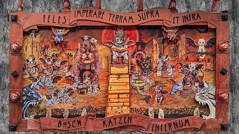 ‘BOSCH Katzen Infernum’ (oil on canvas, 48 inches by 96 inches, 2025).