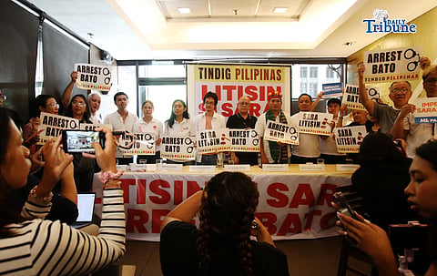 (May 12 2026) Tindig Pilipinas held a press conference in Quezon City on Tuesday May 12 2026, called for the immediate arrest of Senator Ronald ‘Bato’ Dela Rosa and urged the Senate to put Vice President Sara Duterte on trial. Photo/Analy Labor